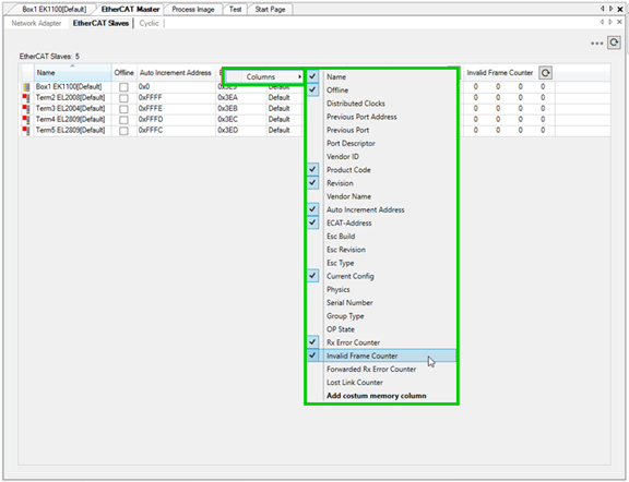 EtherCAT Slaves Tab Screenshot